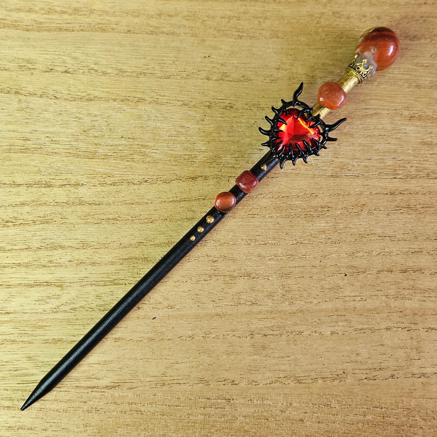 Black and Gold Spiked Heart Wand. Red Jasper.