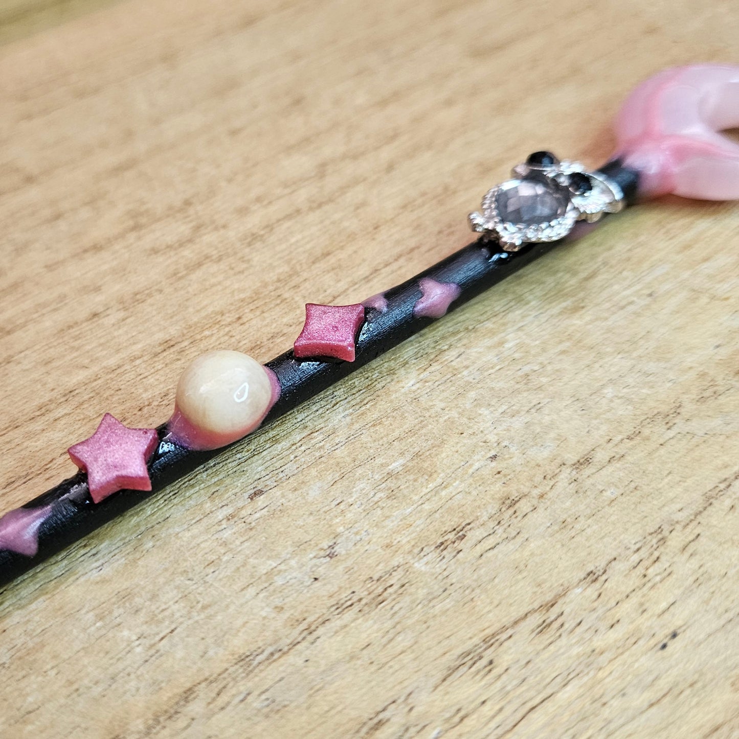 Black Moon Owl Wand. Pink Cats Eye.