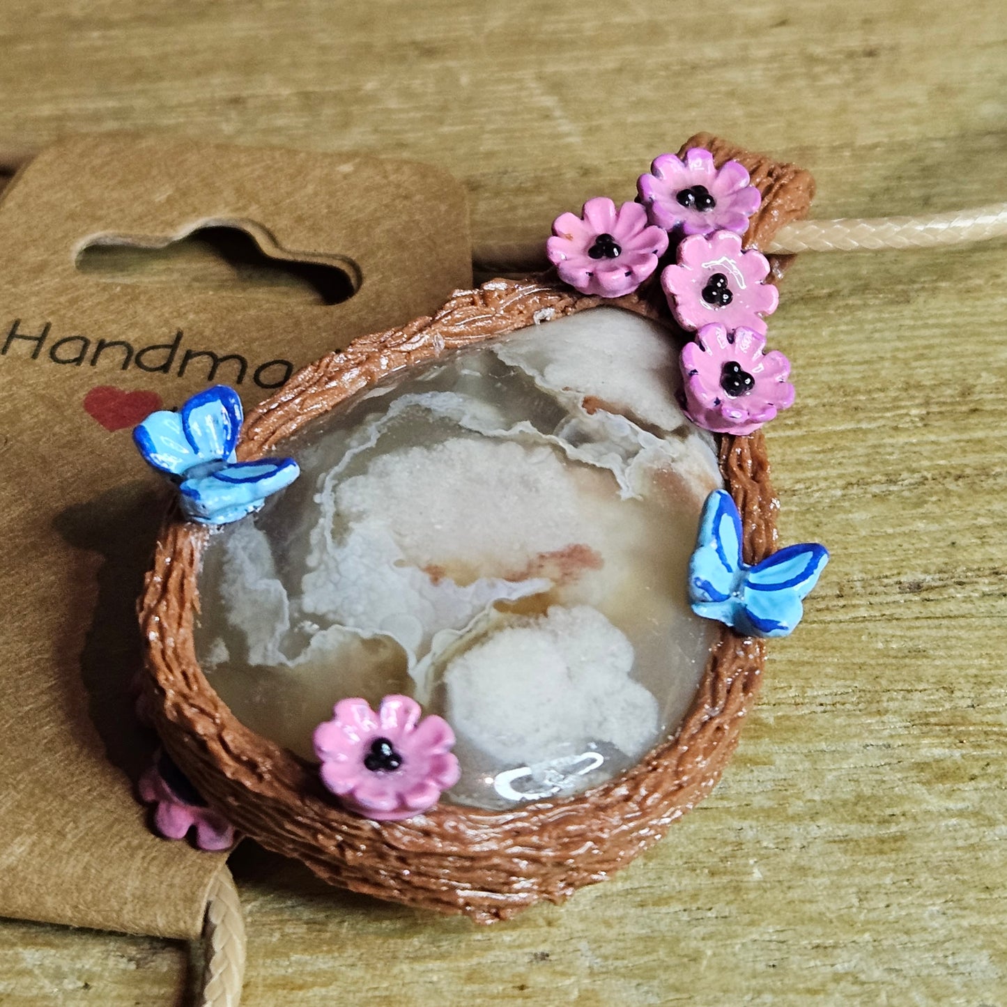 Handmade Flower Agate Butterfly & Cherry Blossom Pendant.