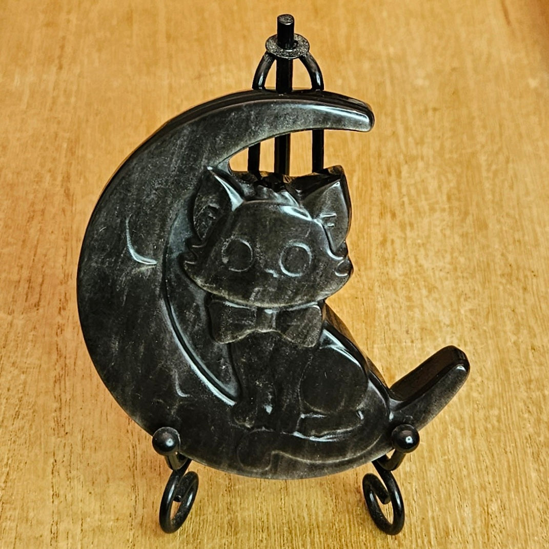 Silver Sheen Obsidian Cat Moon Flat Carving.