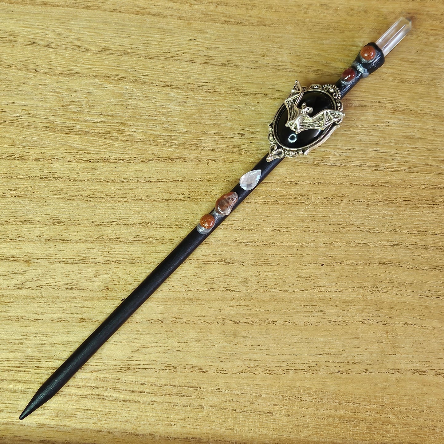 Black Bat Wand. Clear Quartz.