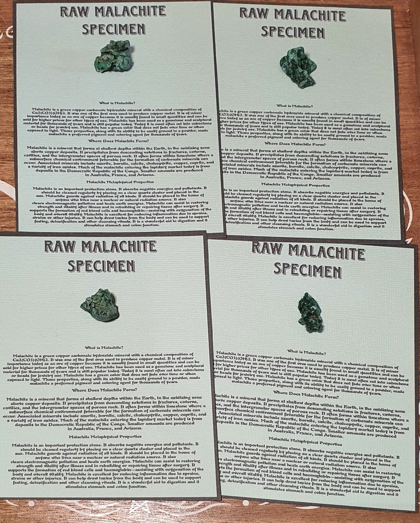 Raw Malachite Specimen and Information sheet.