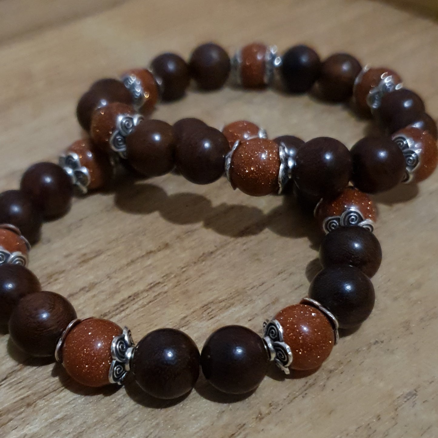 Golden Sandstone and Wood Handmade Stretch Bracelet.