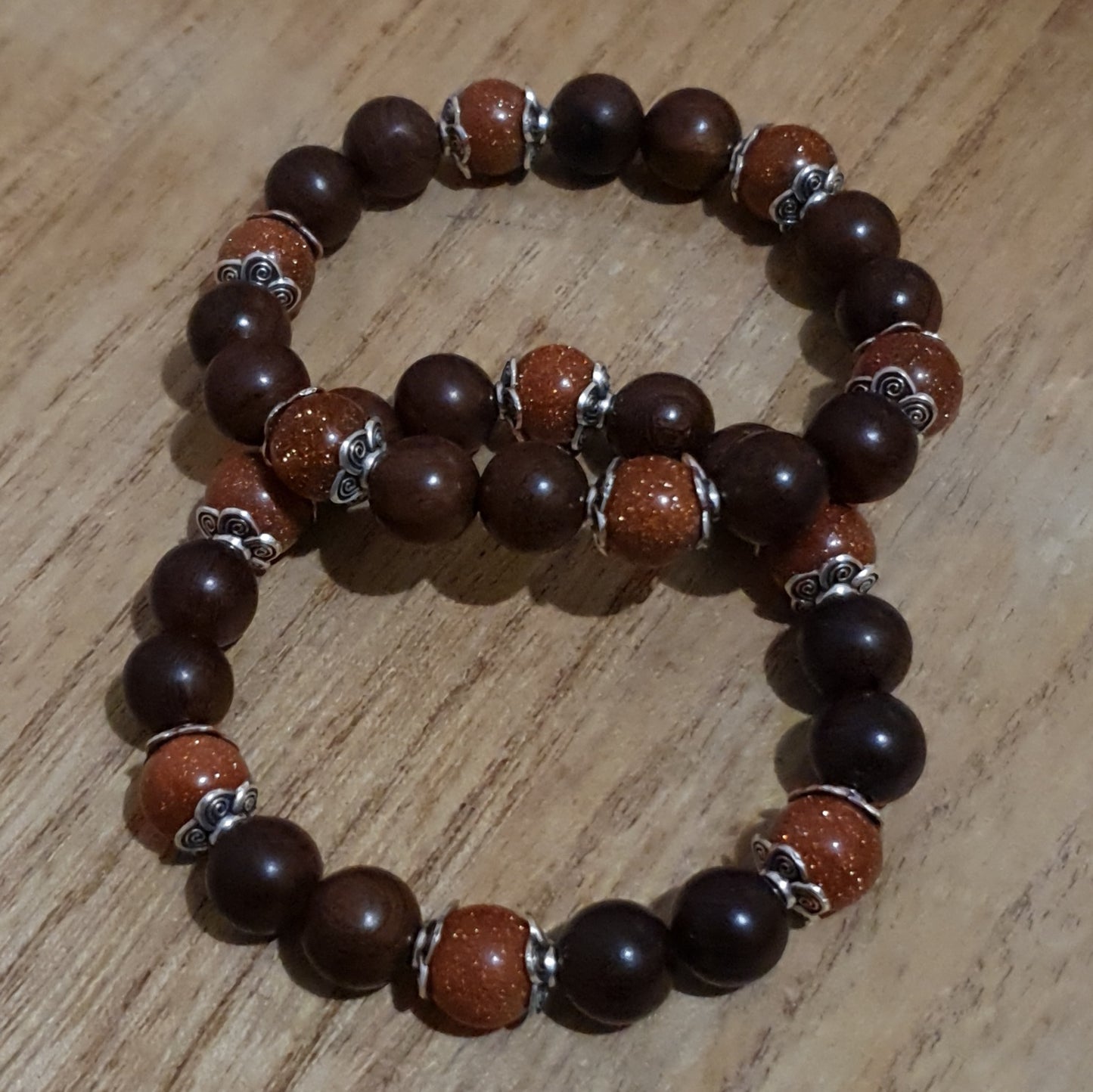 Golden Sandstone and Wood Handmade Stretch Bracelet.