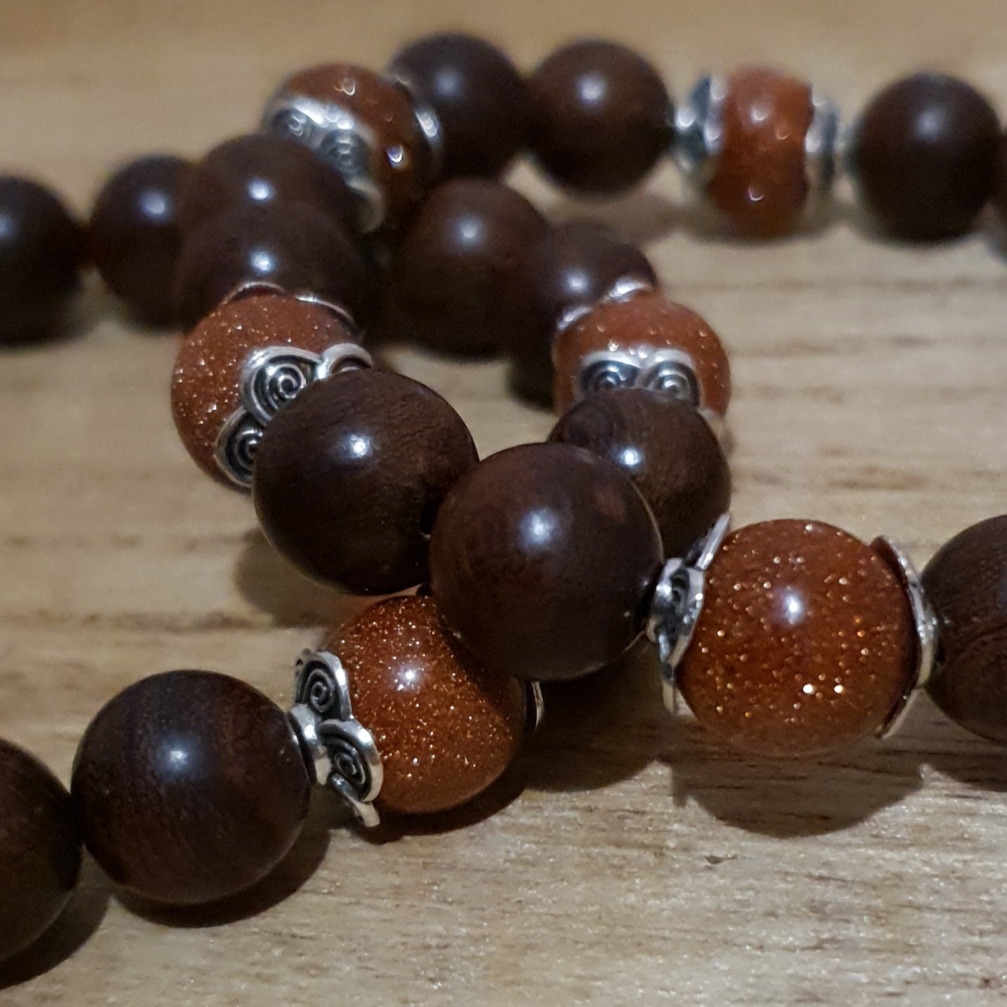 Golden Sandstone and Wood Handmade Stretch Bracelet.