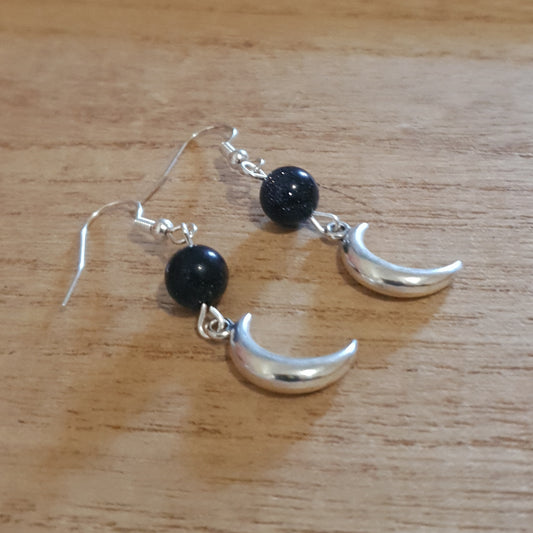 Silver Crescent Moon Earrings with Blue Sandstone Beads.