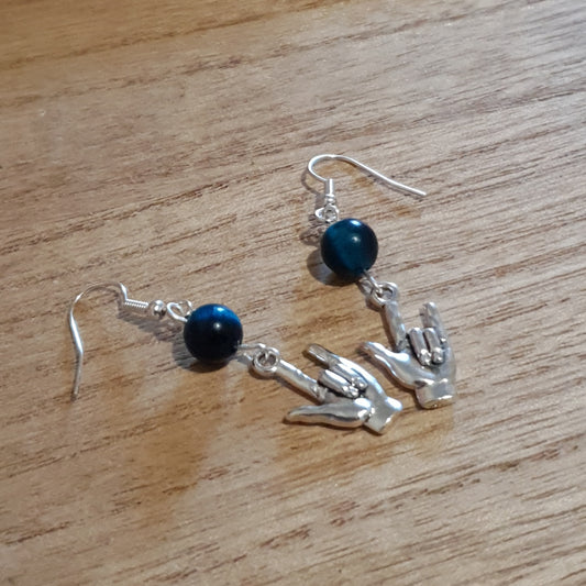 Punk Rock Salute Earrings with Blue Tigers Eye. (Colour Enhanced Beads)