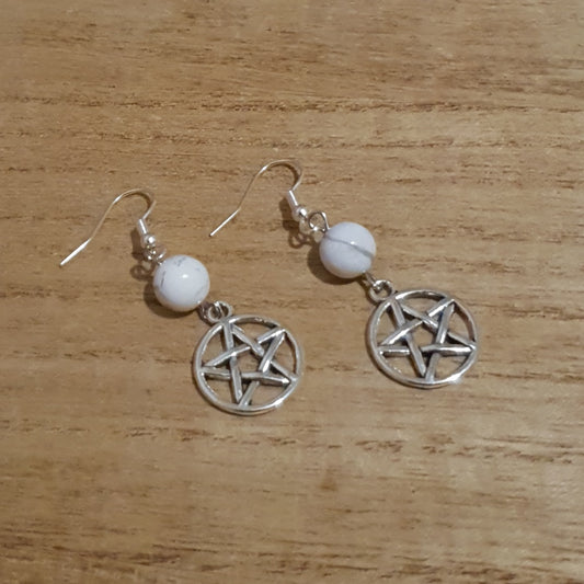 Pentagram Dangle Earrings. Howlite Pentagram Earrings.