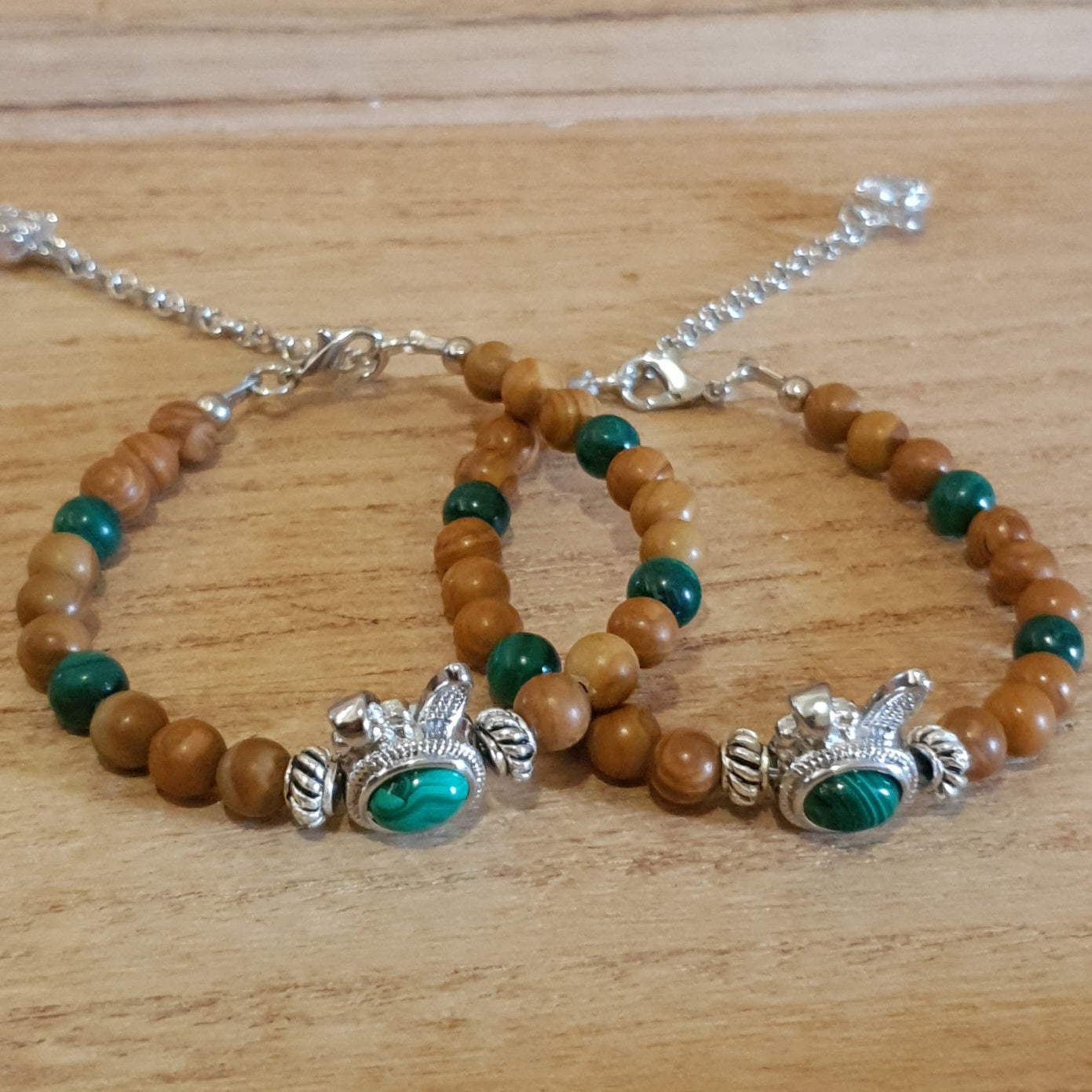 Malachite Bunny Charm. Malachite and Petrified Wood Handmade Bracelet.