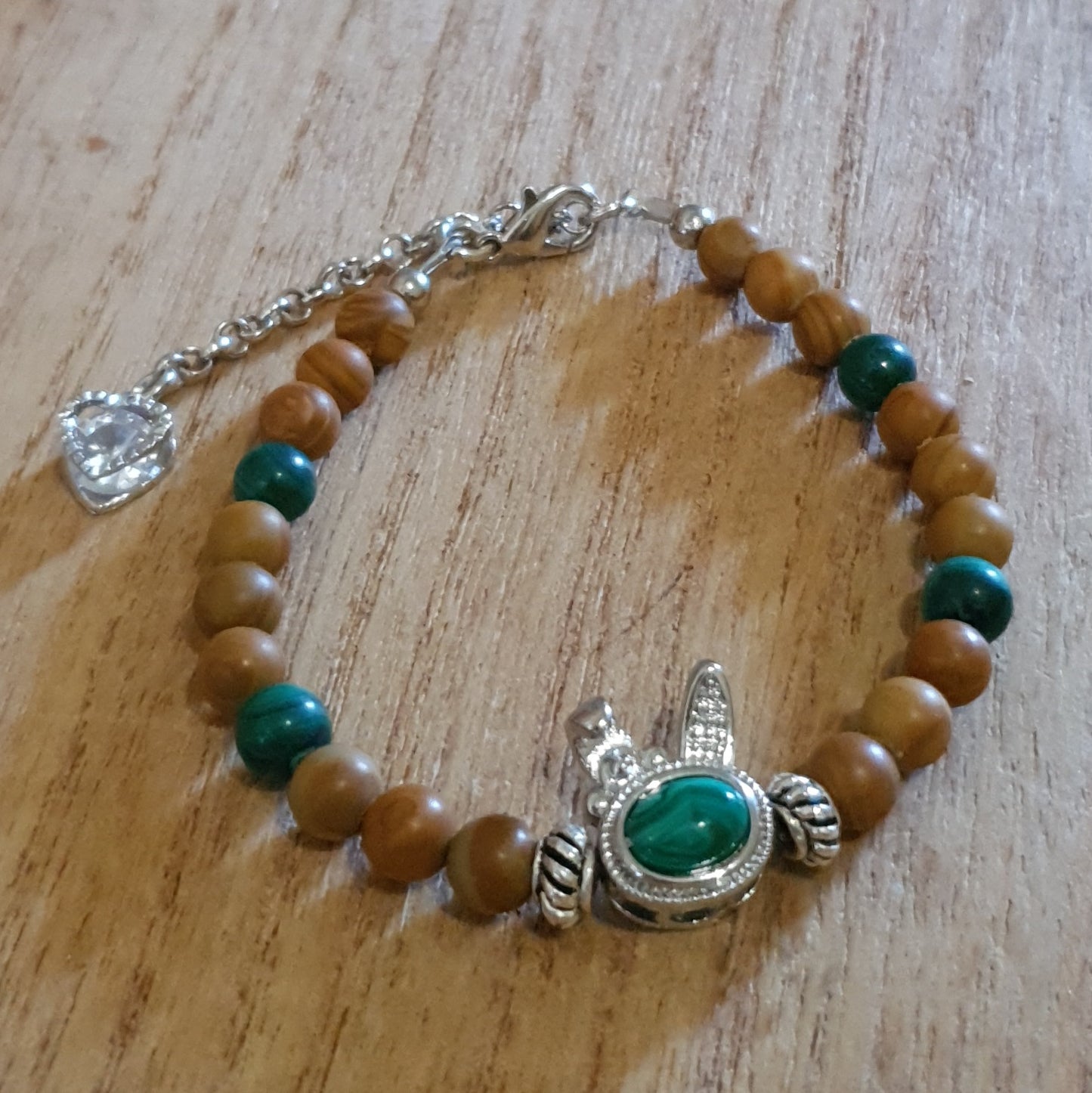 Malachite Bunny Charm. Malachite and Petrified Wood Handmade Bracelet.