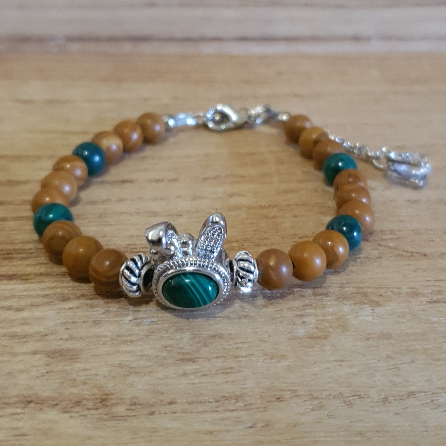 Malachite Bunny Charm. Malachite and Petrified Wood Handmade Bracelet.