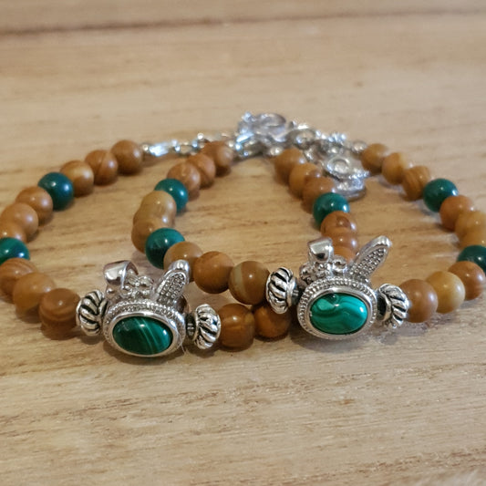 Malachite Bunny Charm. Malachite and Petrified Wood Handmade Bracelet.