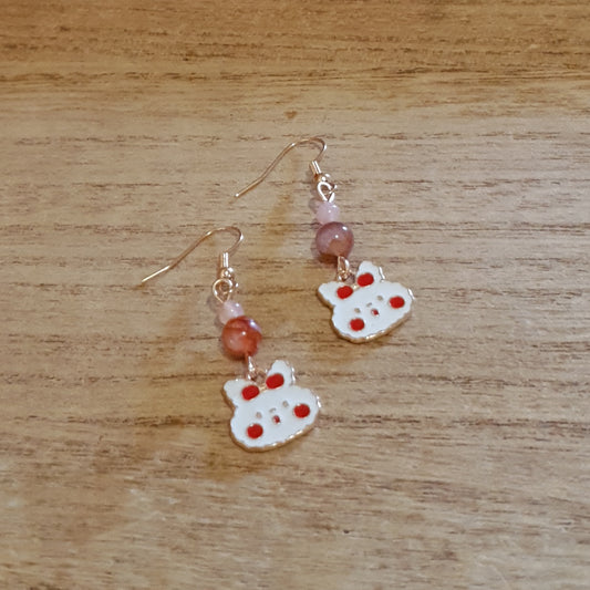 Kawaii Bow Bunny Earrings. Fire Quartz and Peach Moonstone Earrings.