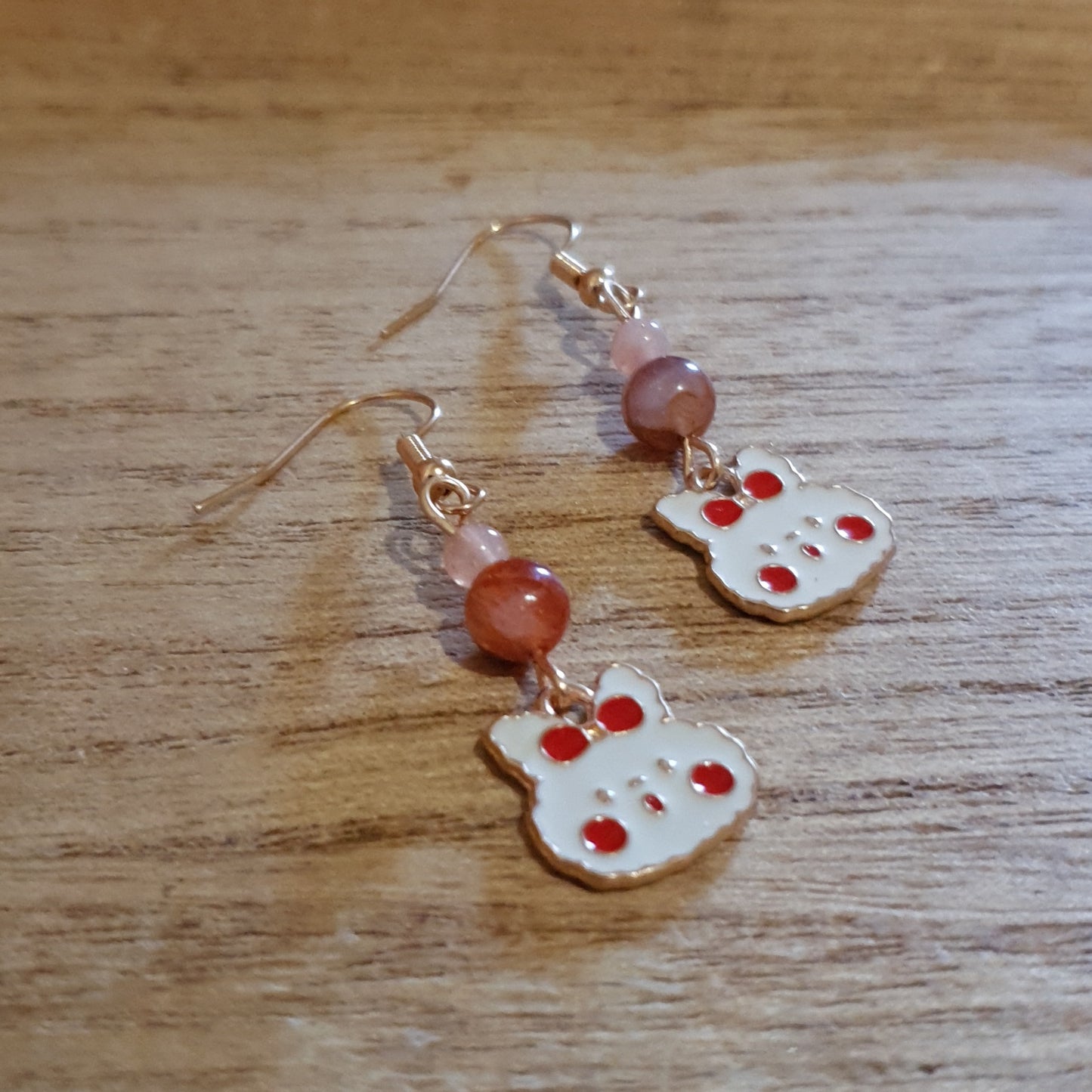 Kawaii Bow Bunny Earrings. Fire Quartz and Peach Moonstone Earrings.