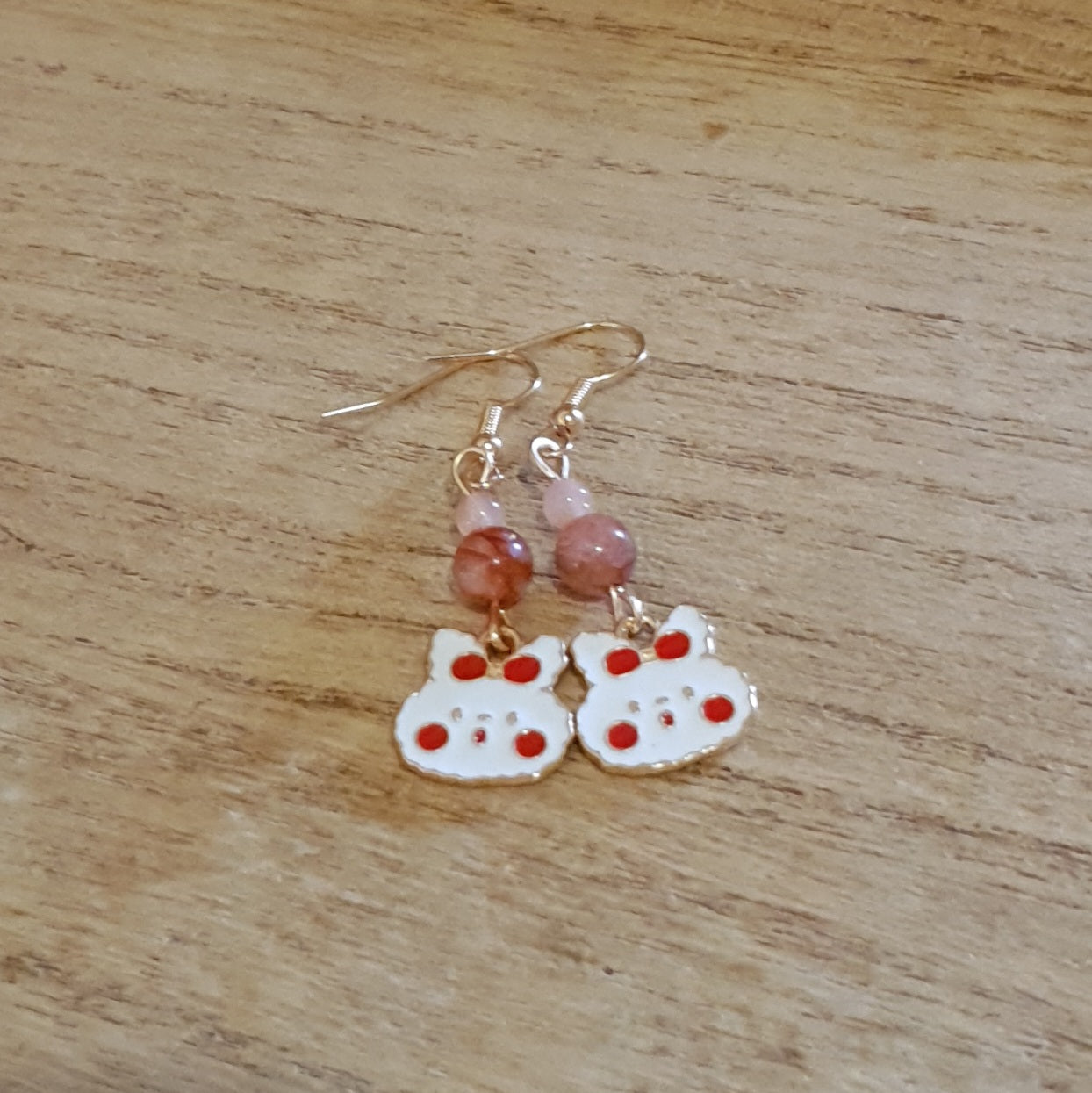 Kawaii Bow Bunny Earrings. Fire Quartz and Peach Moonstone Earrings.