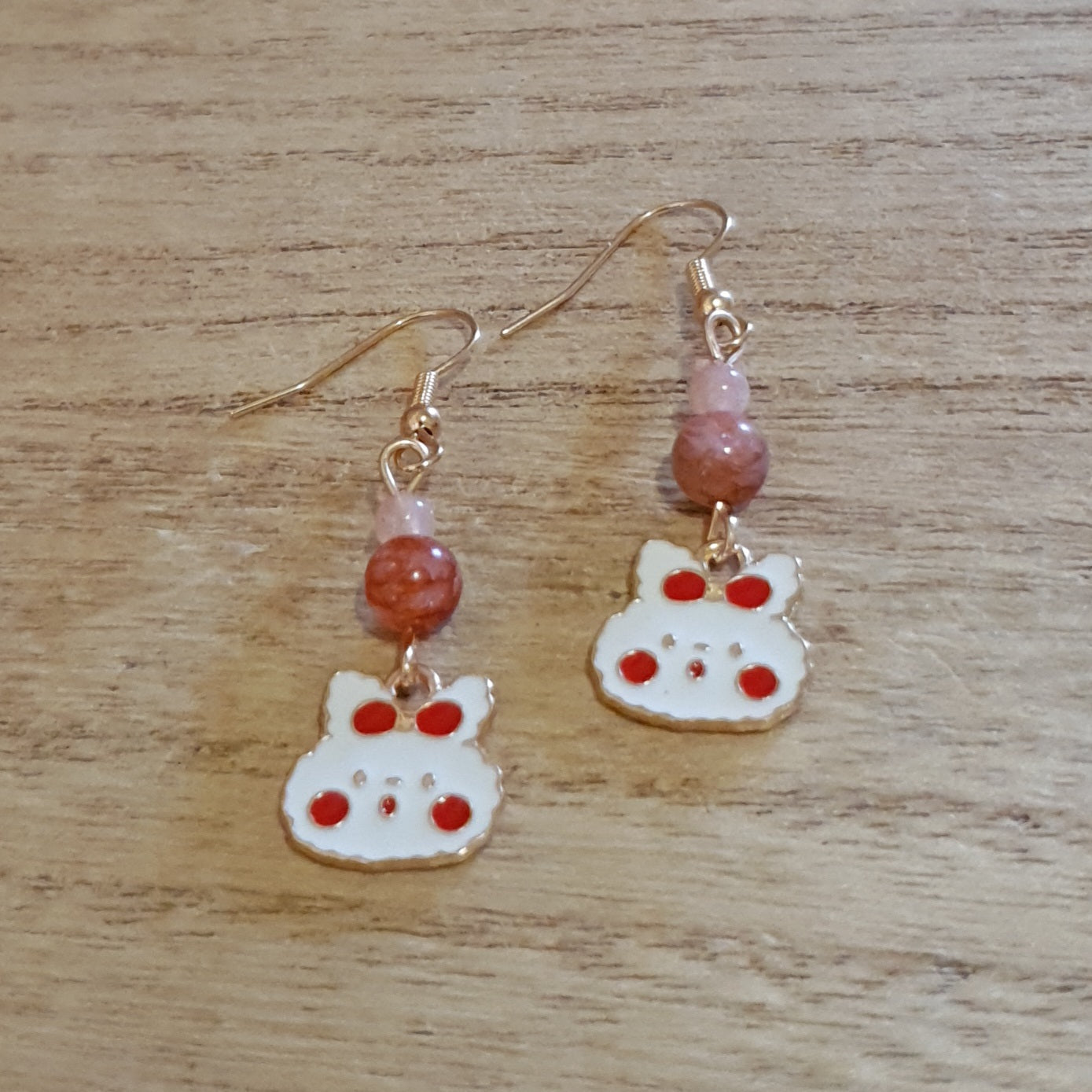 Kawaii Bow Bunny Earrings. Fire Quartz and Peach Moonstone Earrings.