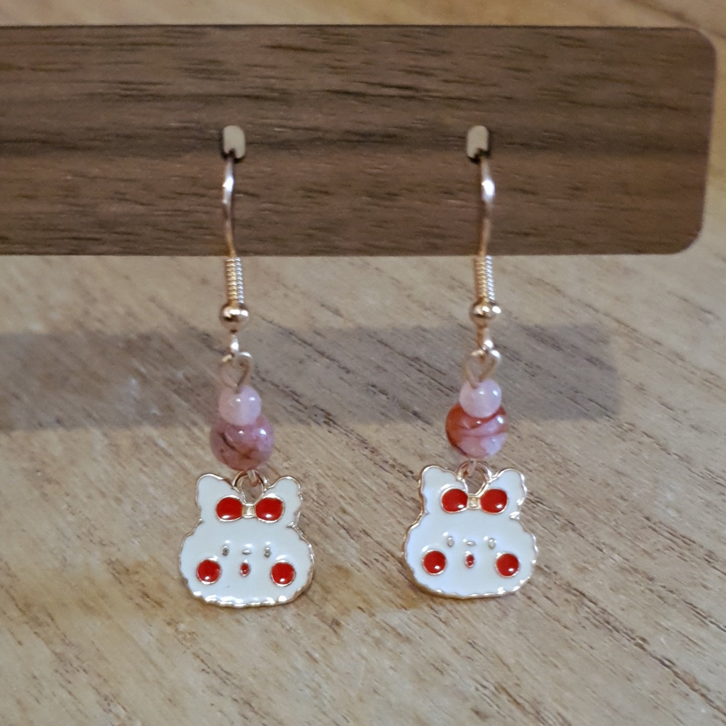 Kawaii Bow Bunny Earrings. Fire Quartz and Peach Moonstone Earrings.