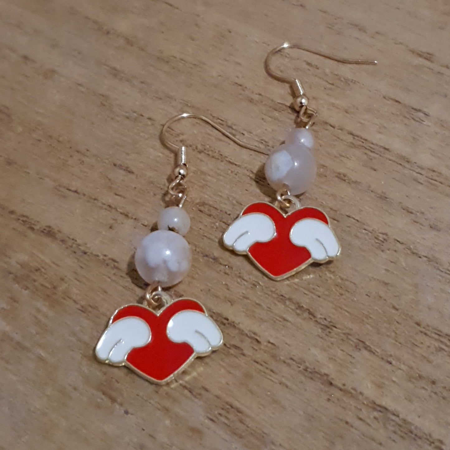 Kawaii  Winged Heart Earrings. Flower Agate Kawaii Heart Earrings.