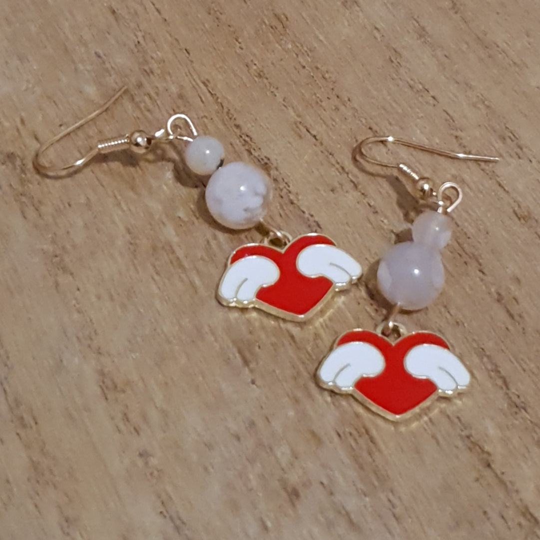 Kawaii  Winged Heart Earrings. Flower Agate Kawaii Heart Earrings.