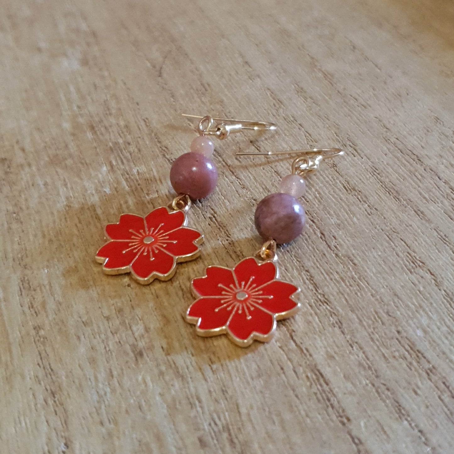 Cherry Blossom Flower Earrings. Rhodanite and Peach Moonstone Flower Earrings.