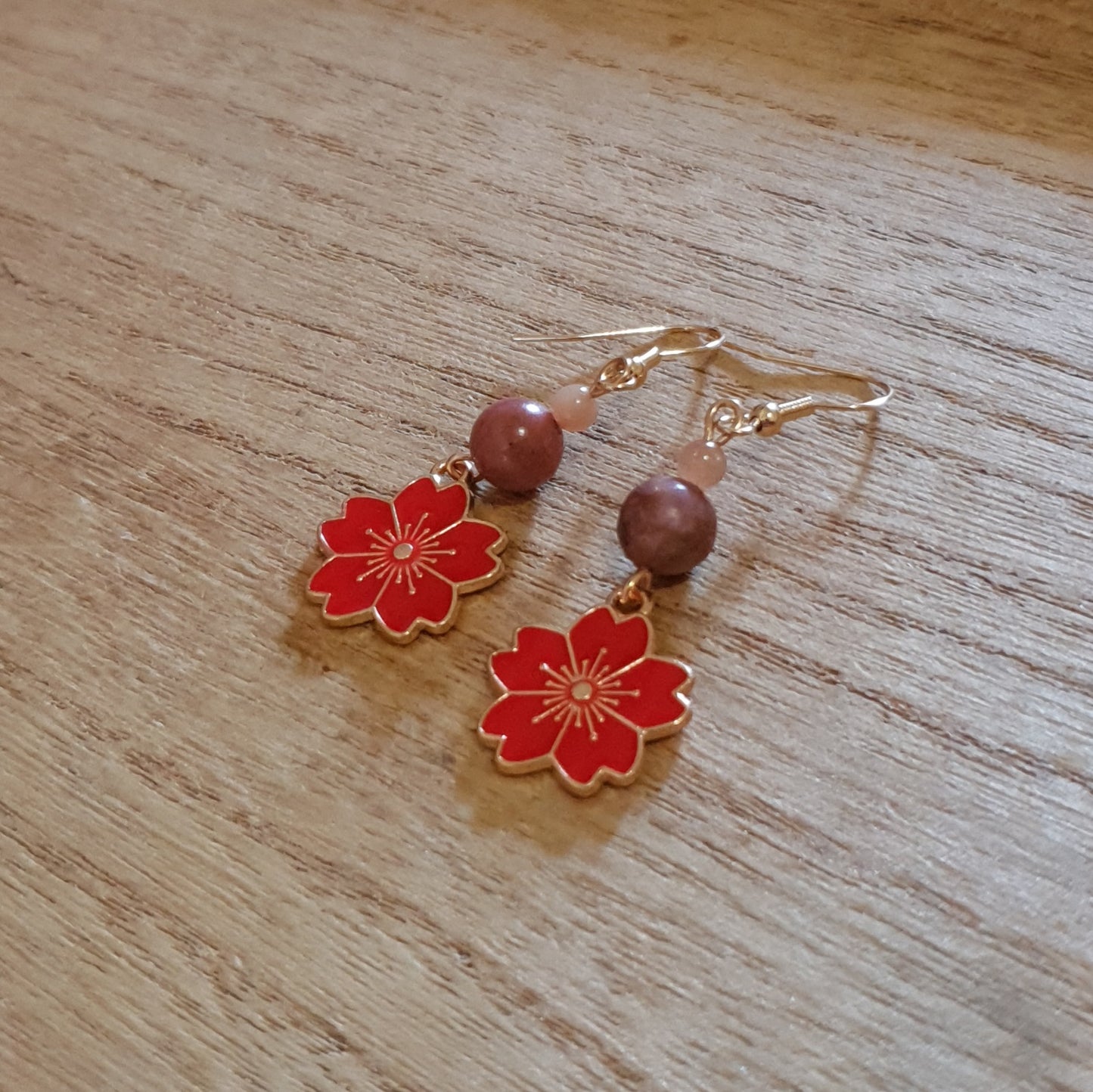 Cherry Blossom Flower Earrings. Rhodanite and Peach Moonstone Flower Earrings.