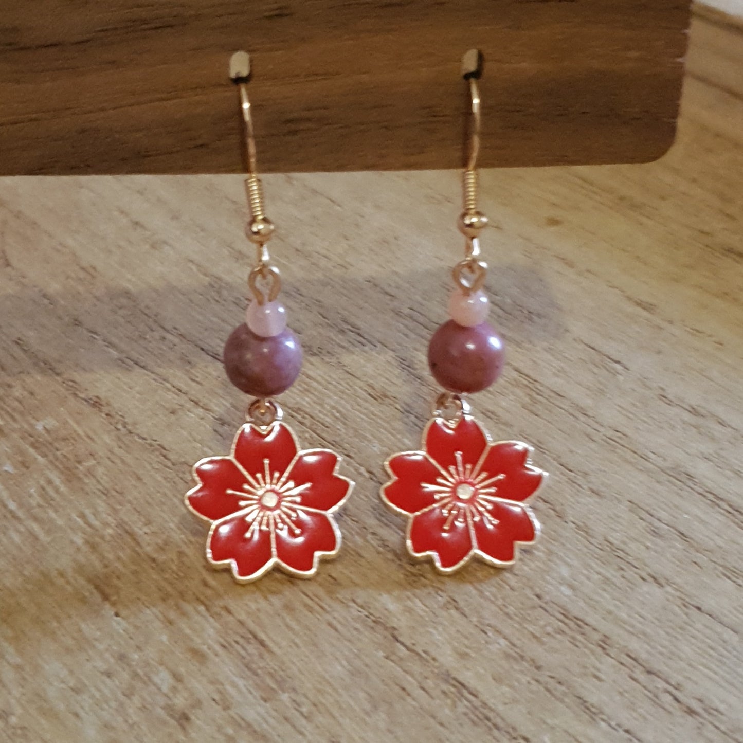 Cherry Blossom Flower Earrings. Rhodanite and Peach Moonstone Flower Earrings.