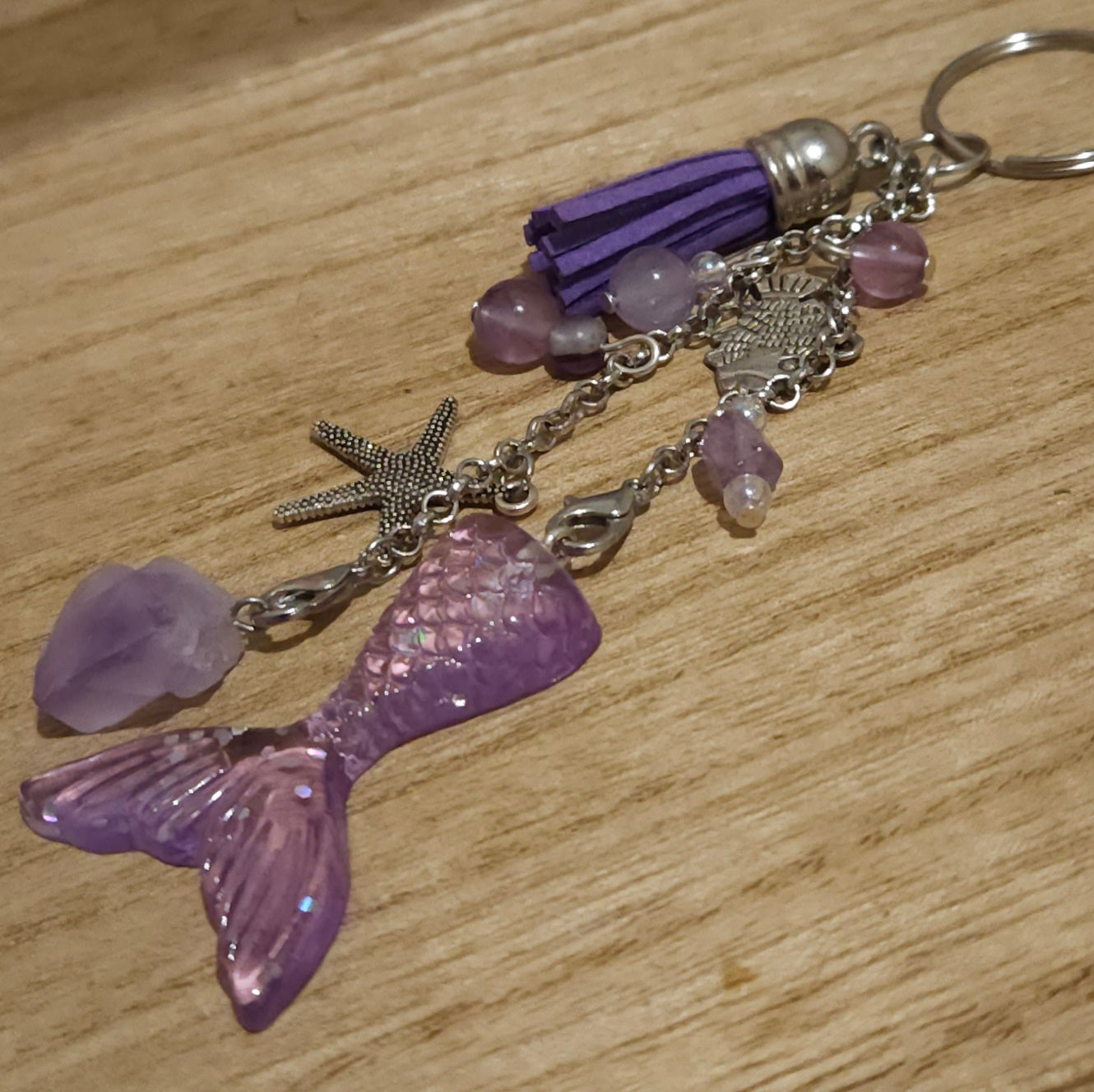 Mermaid Tail Amethyst & Fluorite Handmade Keychain.