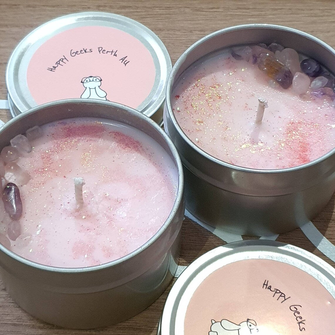 Geek Scented Candles. Fairy Floss Scented Soy Candles with Crystals on top.