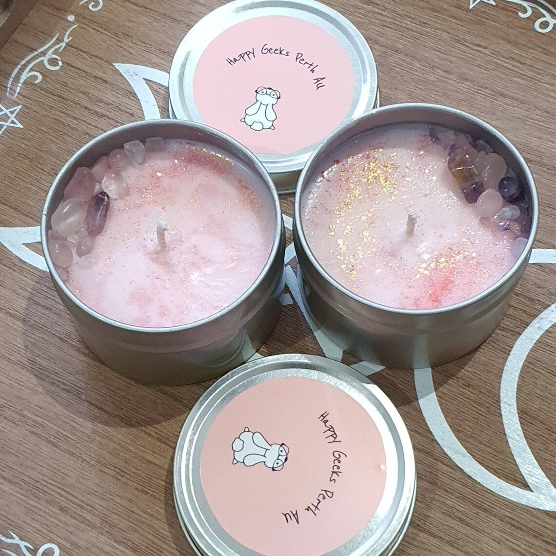 Geek Scented Candles. Fairy Floss Scented Soy Candles with Crystals on top.