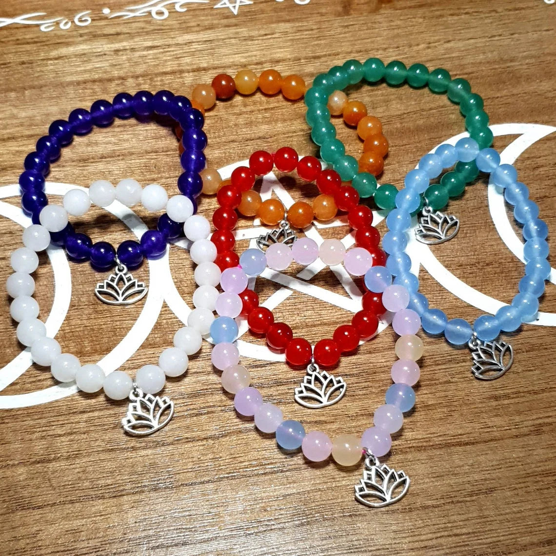 Dyed Chalcedony Beaded Bracelets with Lotus Charms. *Comes in Assorted Colours*