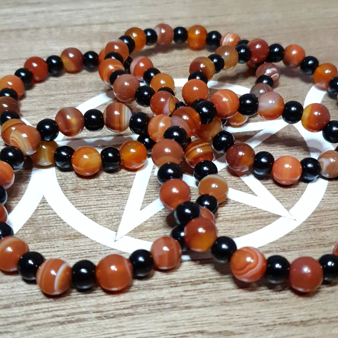 Patterned Carnelian Handmade Beaded Stretch Bracelet.