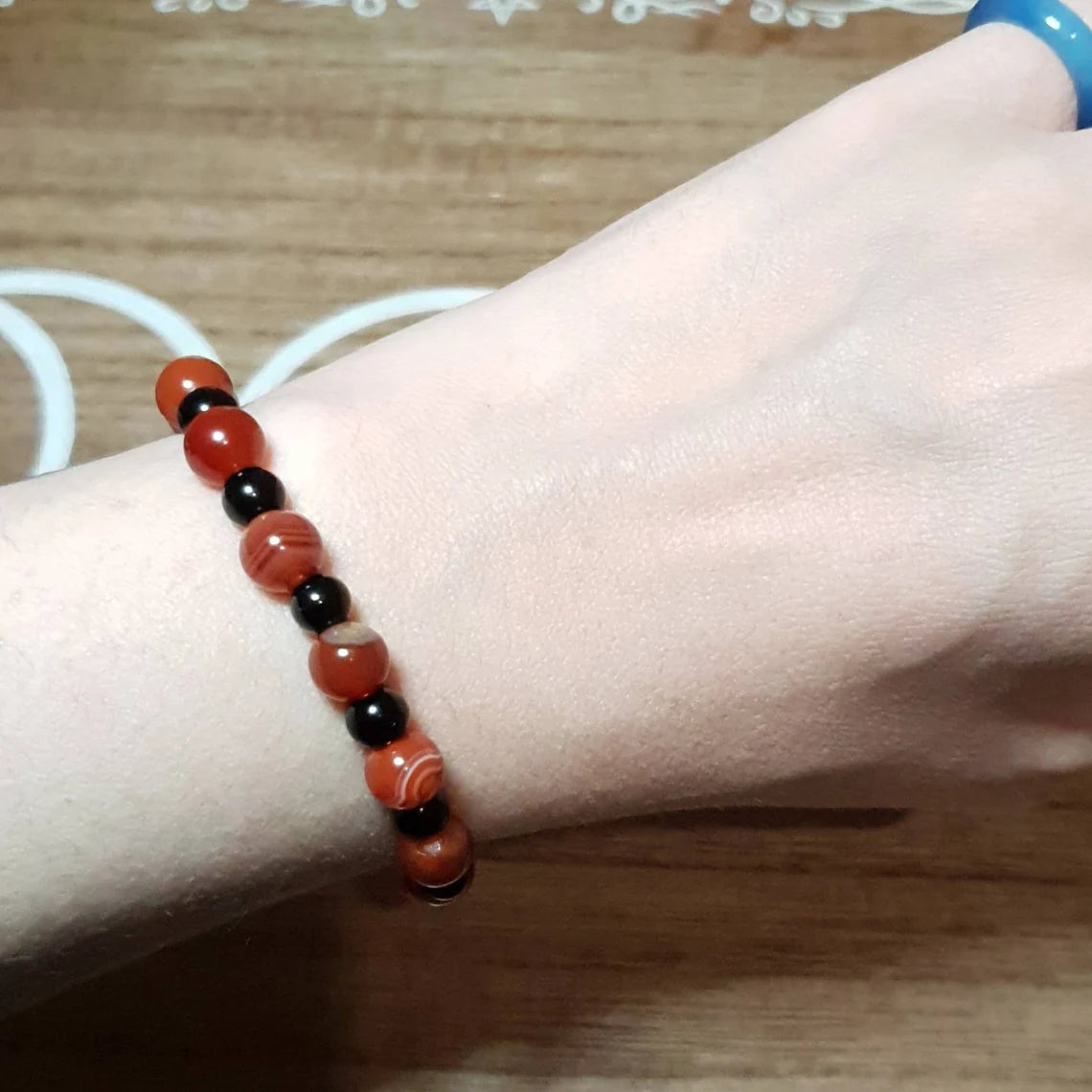 Patterned Carnelian Handmade Beaded Stretch Bracelet.