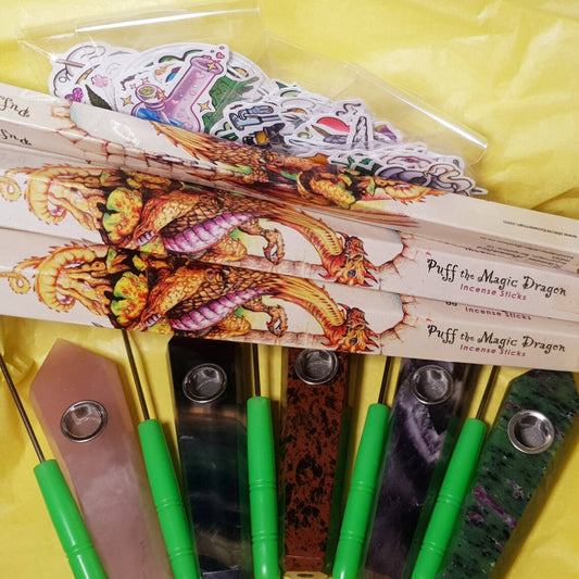 Crystal Pipe Packs. Incense, Stoke, Sticker Pack and A Crystal Pipe. *Comes in Assorted Materials*