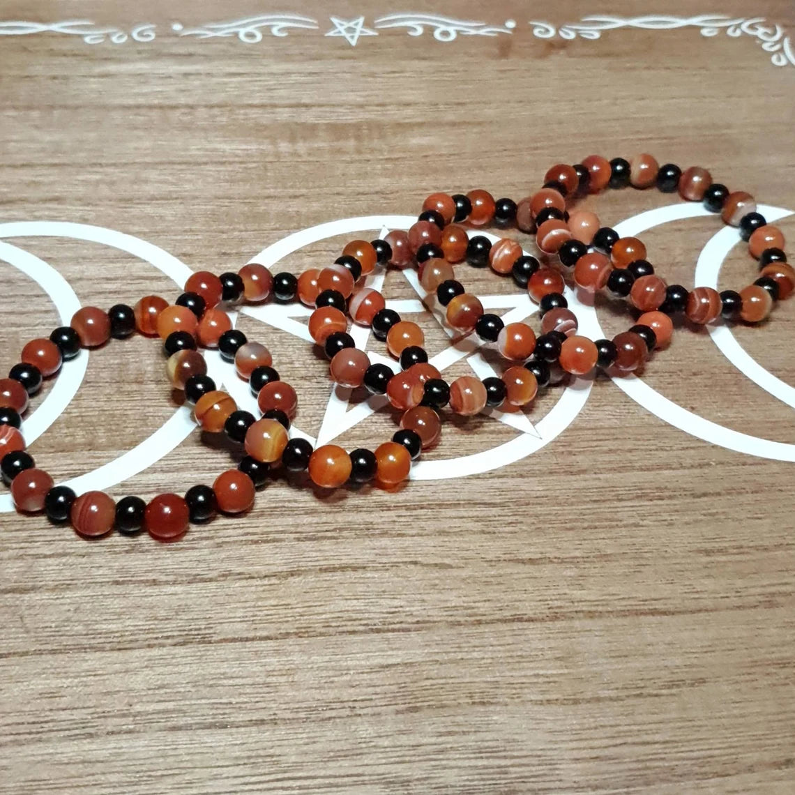 Patterned Carnelian Handmade Beaded Stretch Bracelet.