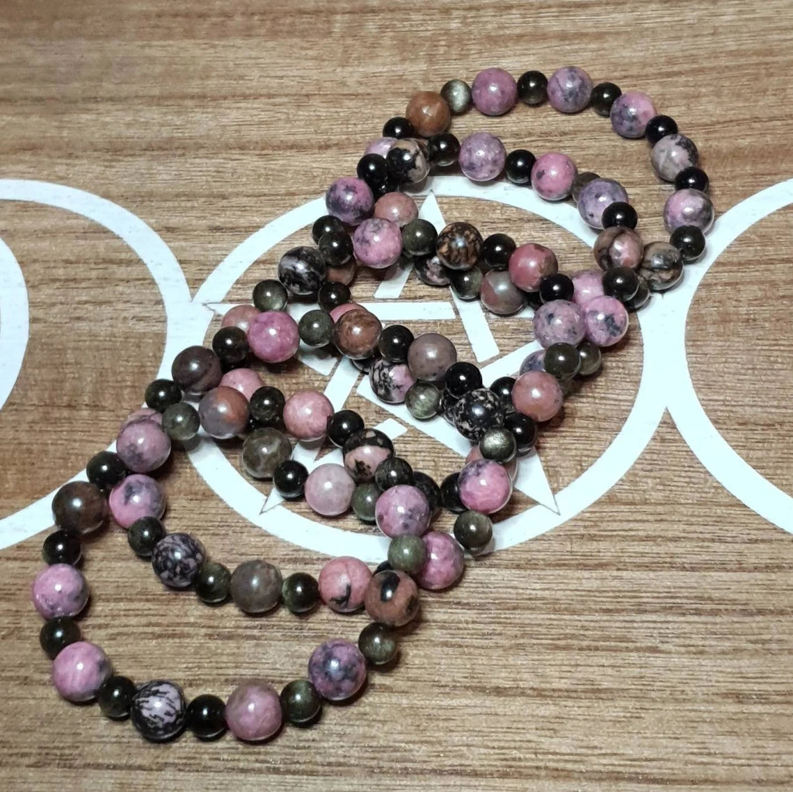 Rhodanite and Golden Obsidian Handmade Beaded Stretch Bracelet.