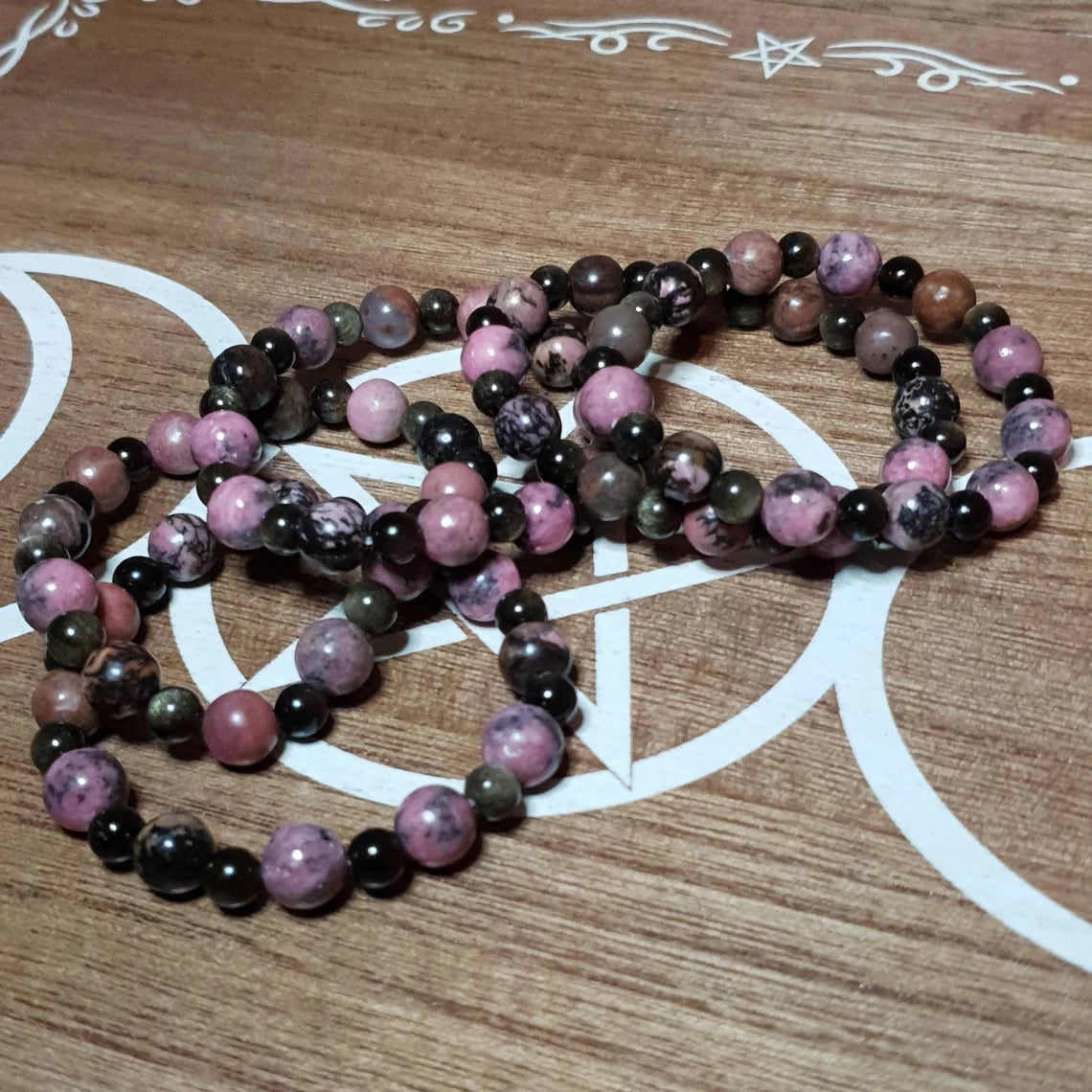 Rhodanite and Golden Obsidian Handmade Beaded Stretch Bracelet.