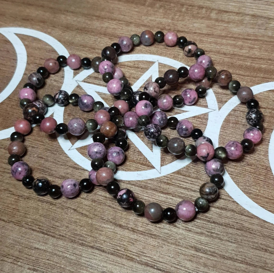 Rhodanite and Golden Obsidian Handmade Beaded Stretch Bracelet.