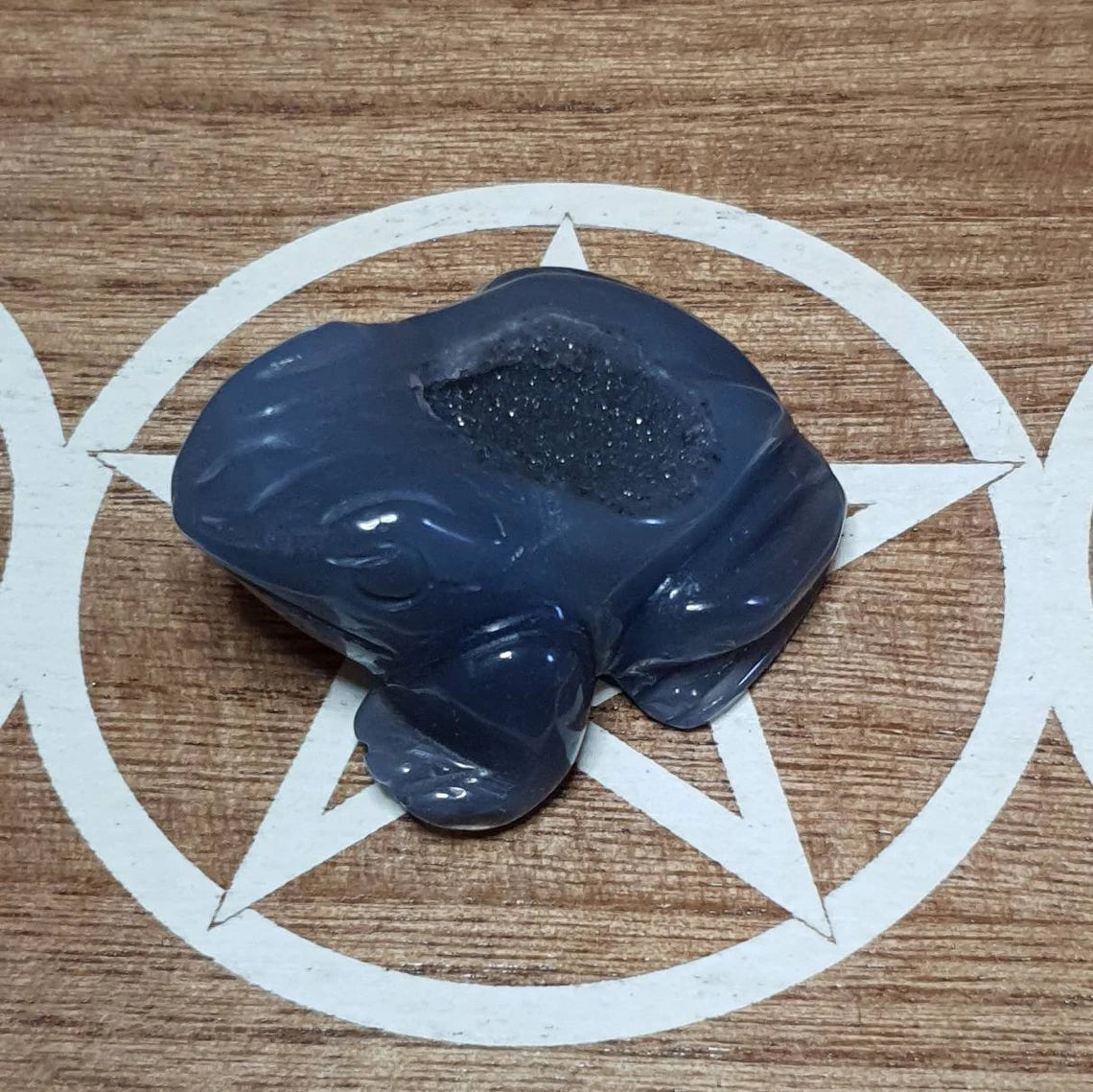 Blue Agate Frog Crystal Carving with Druzy.