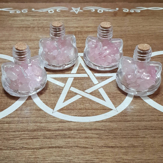 Kitty Head With Flower. Crystal Chip Wishing Bottles. *Available in Rose Quartz, Chevron Amethyst and Clear Quartz.*