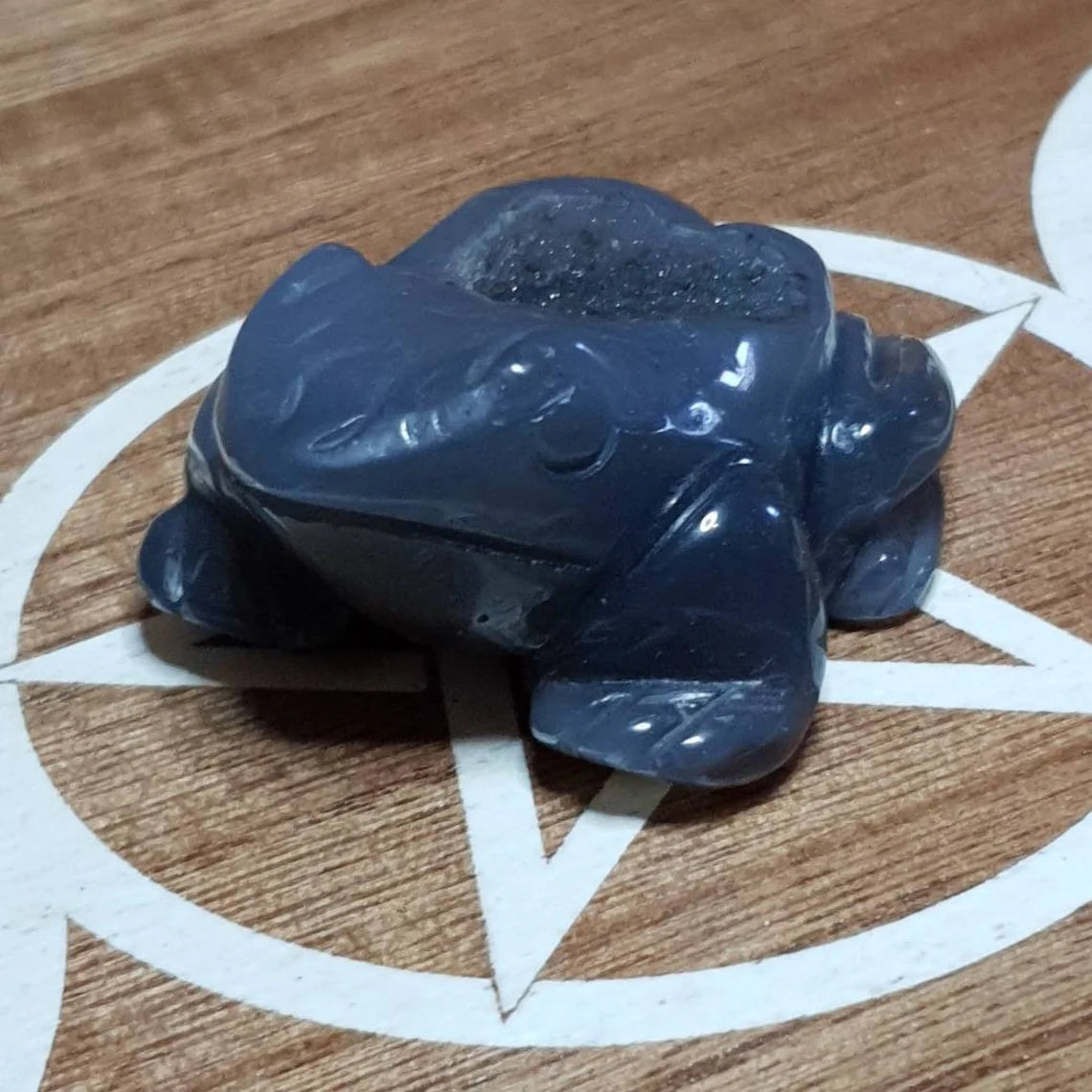 Blue Agate Frog Crystal Carving with Druzy.