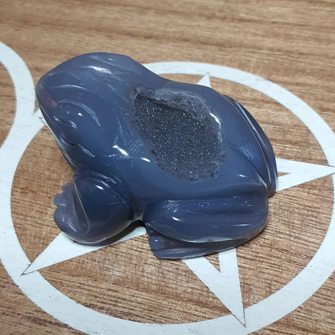 Blue Agate Frog Crystal Carving with Druzy.