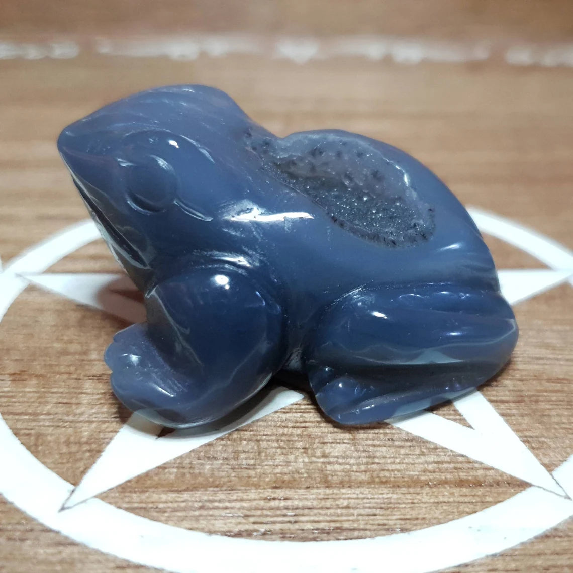 Blue Agate Frog Crystal Carving with Druzy.