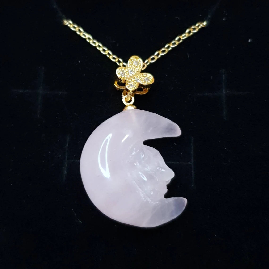 Rose Quartz Bunny on Moon Pendant and Chain Necklace.