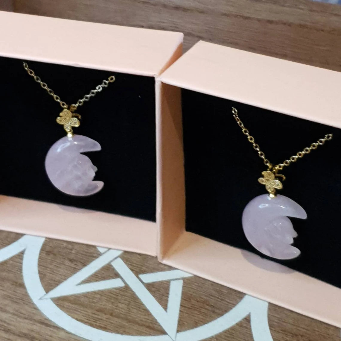 Rose Quartz Bunny on Moon Pendant and Chain Necklace.