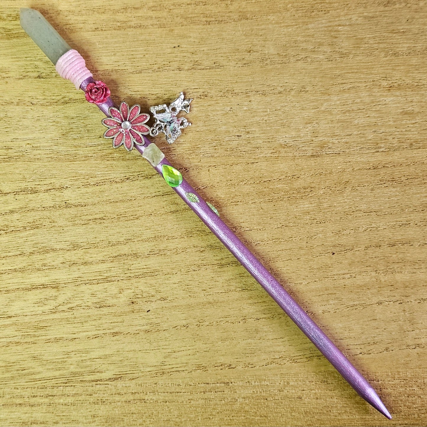 Pink Butterfly & Flower Wand. Green Aventurine.