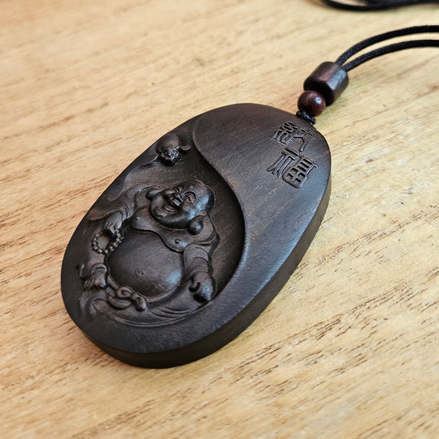 Wooden Buddha Pendant and Cord Necklace.