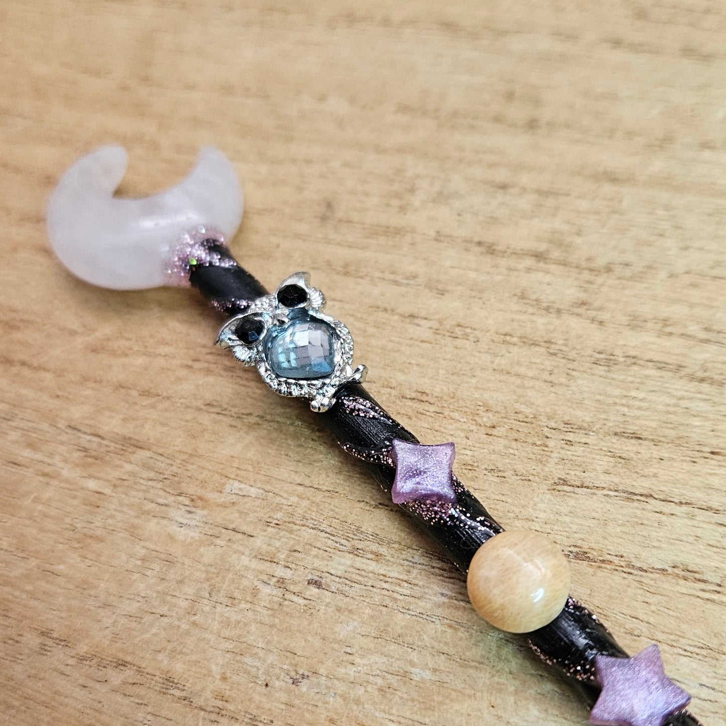 Black Moon Owl Wand. Rose Quartz.