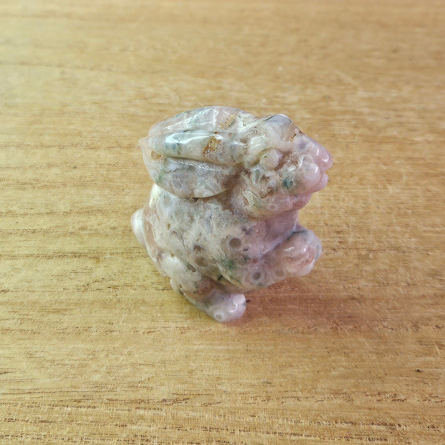 Green Flower Agate Standing Rabbit Carving.