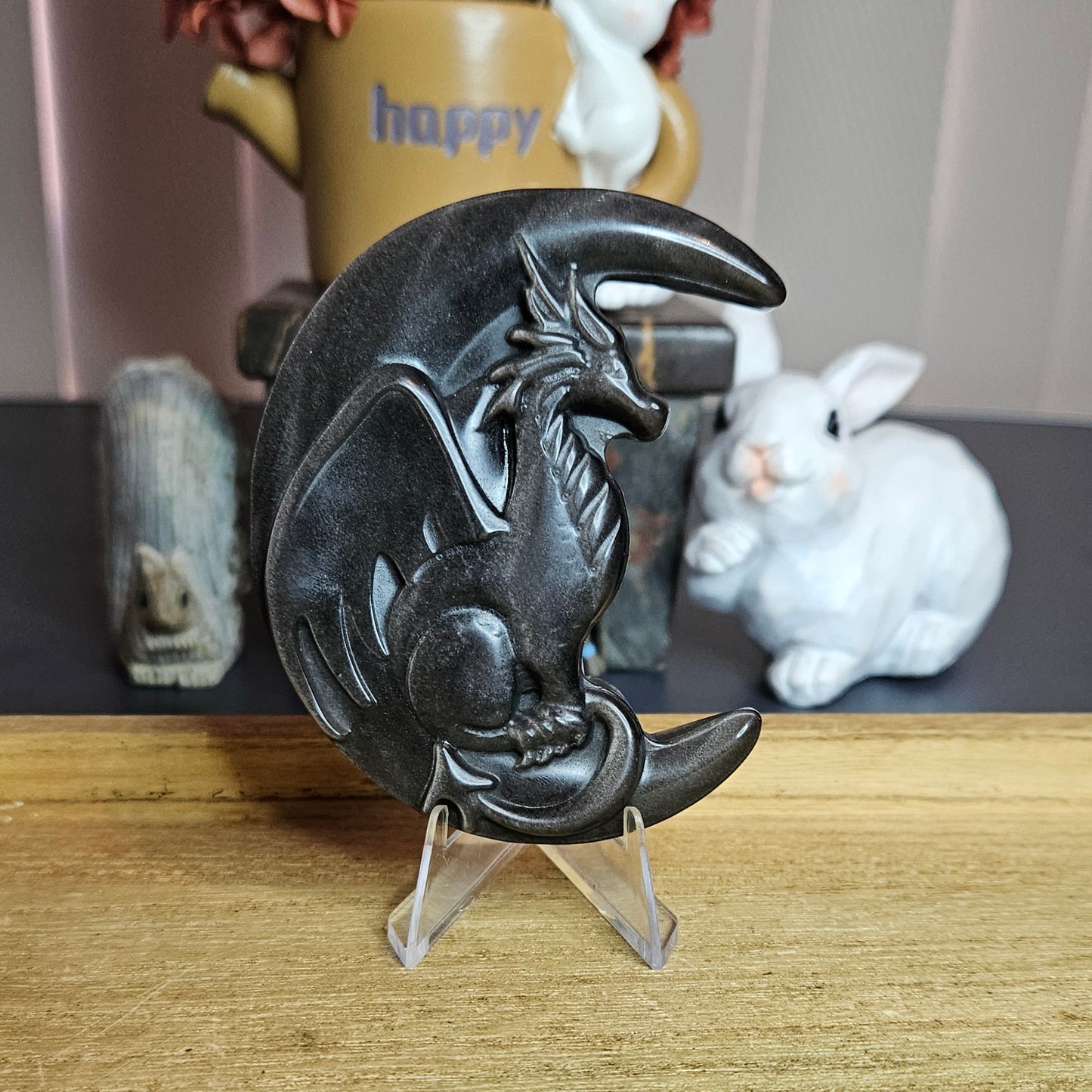 Silver Sheen Obsidian Moon Dragon Flat Carving.