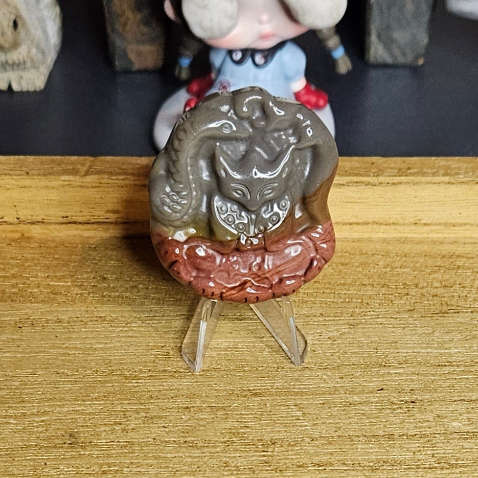 Polychrome Jasper Yoga Fox Flat Carving.